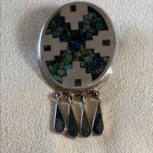 Vintage Mexican Sterling and Crushed Turquoise Pendant Brooch with 4 Dangles